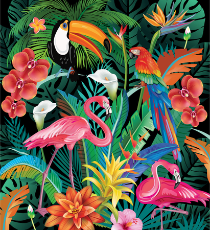 Composition of Tropical Flowers and Birdsのイラスト素材