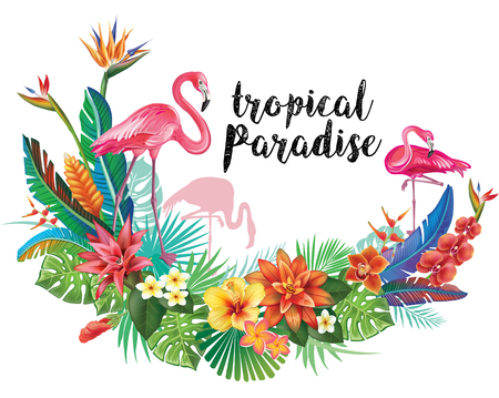 Flamingoes with tropical flowersのイラスト素材