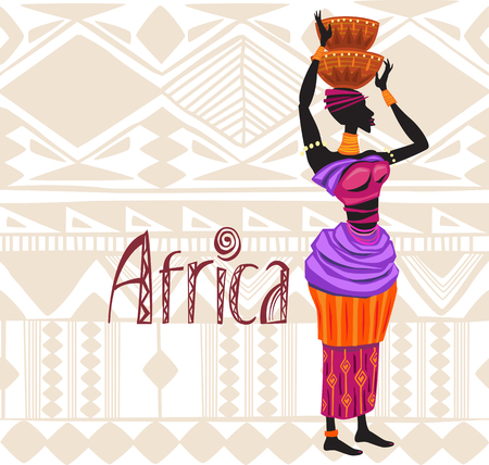 African woman in ethnic dress on ornament backgroundのイラスト素材