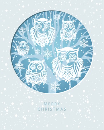 Merry Christmas greeting card with Owls and winter forestの写真素材