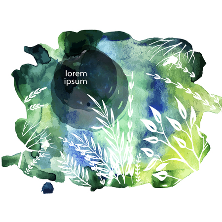 Botanic card with sketches plants on Watercolor background. Spring concept. Decoration elements for posters, design invitation, wedding and greetingのイラスト素材