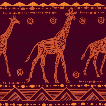 Seamless pattern with Giraffes and ethnic motifsのイラスト素材