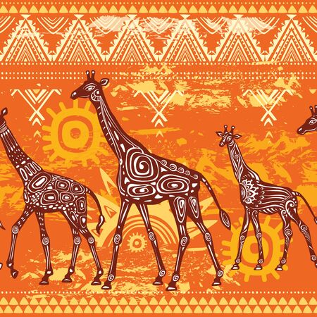 Seamless pattern with stylized Giraffes and ethnic motifsのイラスト素材