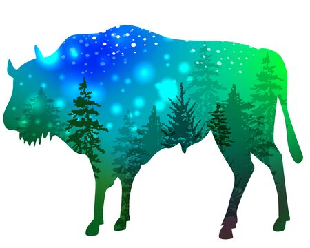 Silhouette of a bison with background of green forest and space inside on white backgroundのイラスト素材
