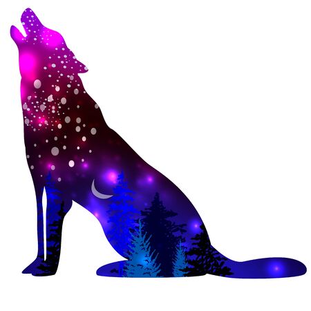 Silhouettes of Wolf with space galaxy background effectのイラスト素材