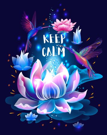 Lotus flower and hummingbirds, Keep kalm conceptのイラスト素材