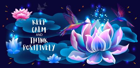 Lotus flower and hummingbirds, Think Positivelyのイラスト素材