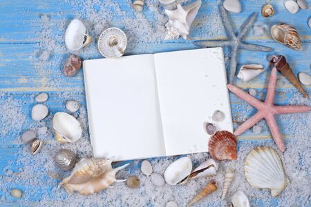 Open notebook with of seashells and starfish on blue wooden planks viewの写真素材