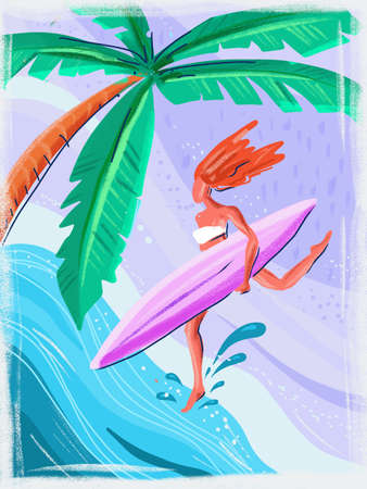 Girl running with a surfboard to the oceanの写真素材