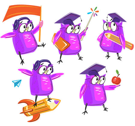 Set of cute Wise owl in different posesのイラスト素材