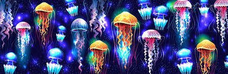 Glowing vivid transparent underwater jellyfishesのイラスト素材