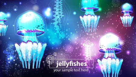 Background with Glowing vivid jellyfishesのイラスト素材