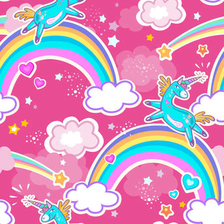 Seamless pattern with rainbow and unicornのイラスト素材