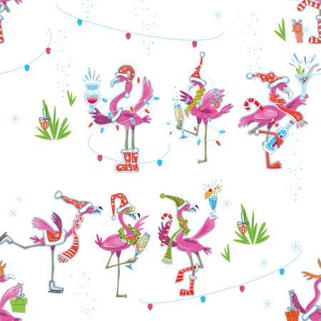 Flamingoes Christmas Party Seamless Patternのイラスト素材