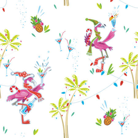 Flamingoes Christmas Party Seamless Patternのイラスト素材
