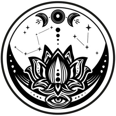 Crescent Moon with Blooming lotus Flowerのイラスト素材