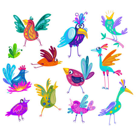 Set of cute funny birds in vectorのイラスト素材
