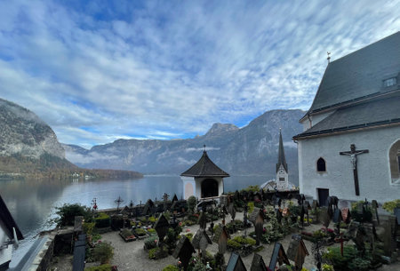 Ancient cemetery on the mountain near the lakeの写真素材