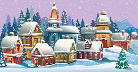 Winter vector landscape with houses and mountainsのイラスト素材