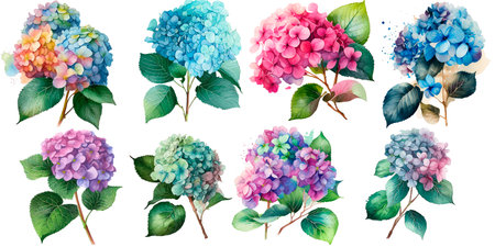 Hydrangea flowers, Watercolor botanical illustration, Generative AIの素材