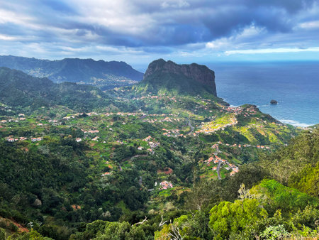 Ocean and city view on Madeira Island, Porto da Cruzの写真素材