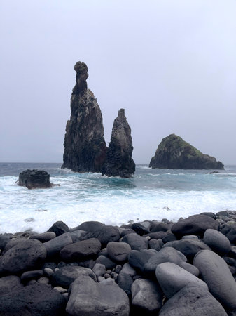 The view of Ribeira da Janela rock formation in the oceanの写真素材