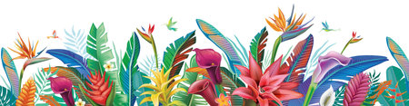 Arrangement of tropical flowers and plantsのイラスト素材