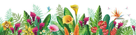 Arrangement with exotic tropical flowers, birds and plantsのイラスト素材
