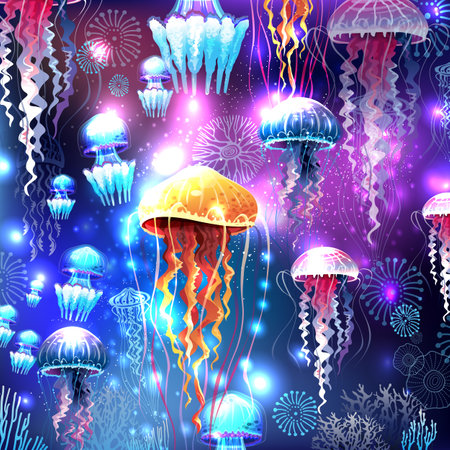 Vivid neon light abstract illustration of jellyfishのイラスト素材