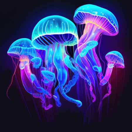 Vivid neon light illustration of jellyfishes, Generative AIの素材