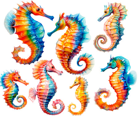 Set of Sea Horsees, isolated  background, Generative AIの素材