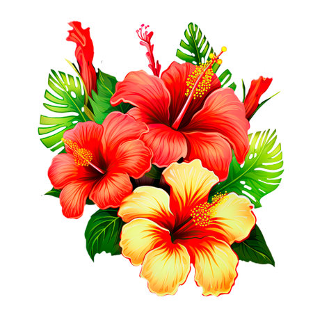 Arrangement from Hibiscus flowers and tropical plants, isolated background, Generative AIの素材