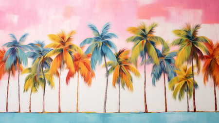 Tropical exotic Landscape with bright palm trees, Pink and blue trending shades, Generative AIの素材