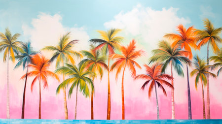 Tropical exotic Landscape with bright palm trees, Pink and blue trending shades, Generative AIの素材