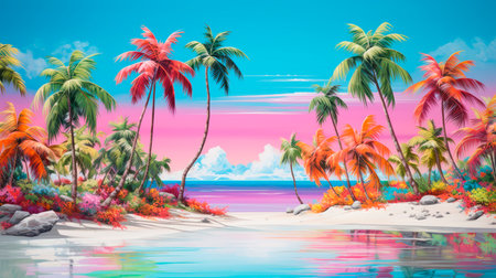 Tropical exotic Landscape with bright palm trees, Pink and blue trending shades, Generative AIの素材