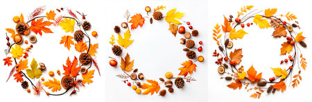 Wreaths from autumn Elements on a white background,  Decor for thanks card, invitations, posters, generative aiの素材