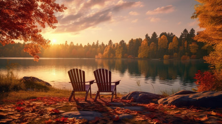 Relaxing place with two chairs in the forest, lifestyle outdoor tourism vacation, generative aiの素材