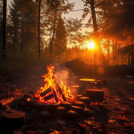 Relaxing evening autumn view with a bonfire in the forest and a place for a picnic, lifestyle outdoor tourism vacation, generative aiの素材