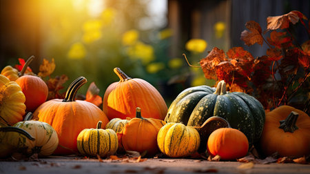 Thanksgiving Still life of pumpkins of various shapes, Seasonal holiday concept, harvest, generative aiの素材
