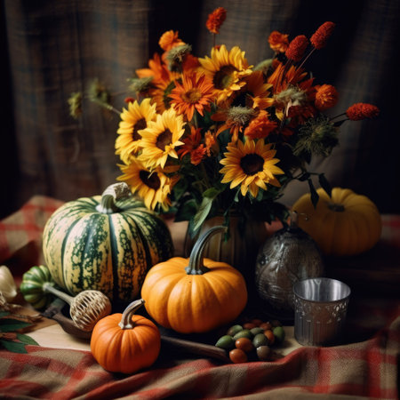 Autumn still life with pumpkins, flowers, fruits in a rustic style, Happy Thanksgiving, Harvest, autumn mood , generative ai