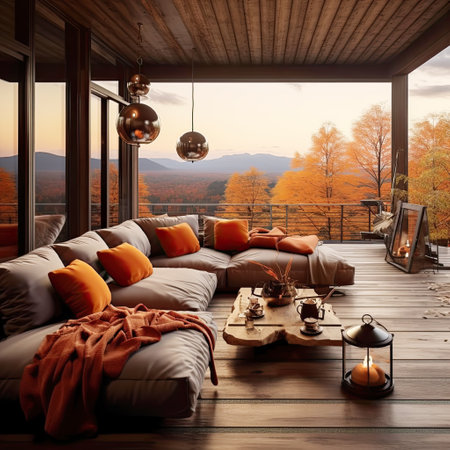 Veranda in a modern style against the backdrop of an autumn forest. Autumn mood and decor, generative aiの素材