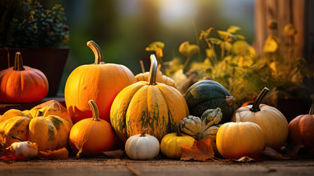 Thanksgiving Still life of pumpkins of various shapes, Seasonal holiday concept, harvest, generative aiの素材
