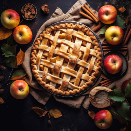 A Homemade apple pies on rustic background and apples, classic dessert for Thanksgiving, top view, generative aiの素材