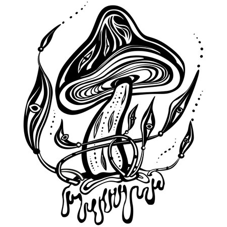 Mystical Psychedelic mushroom, Magic Hippie boho art, black and white vector illustrationのイラスト素材