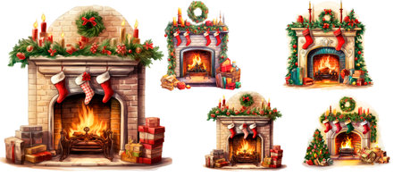 Cozy Christmas fireplace, Illustration for Christmas holiday, New Year, Yule, Noelの素材