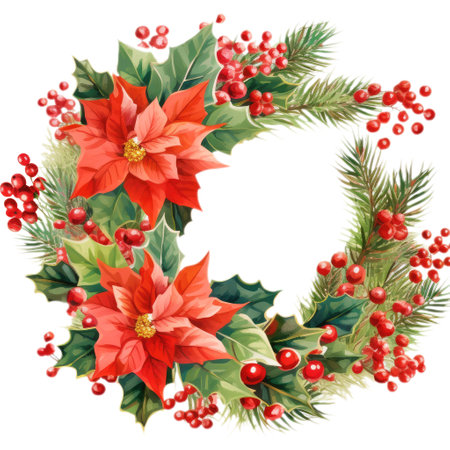 Christmas wreath from winter greenery decoration with holly, red berries, Illustration for design for New Year, Yule, Noelの素材