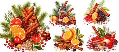 Winter Spices, Mulled wine or Christmas seasonal baking ingredients, Illustration for Christmas holiday, New Year, Yule, Noelの素材