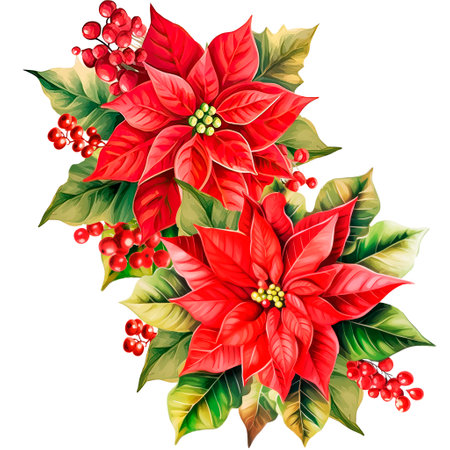 Christmas arrangement with red Poinsettia, Illustration for Christmas holiday, New Year, Yule, Noel on white backgroundの素材