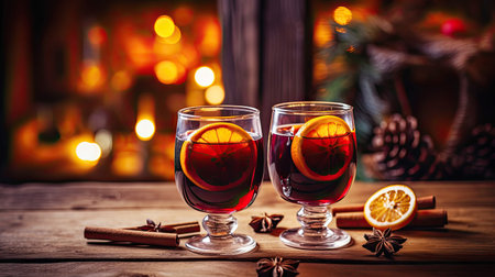 Glasses with Hot mulled wine on a wooden table surrounded by New Year decorations, cozy Christmas atmosphere, ai generated artの素材