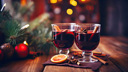 Glasses with Hot mulled wine on a wooden table surrounded by New Year decorations, cozy Christmas atmosphere, ai generated artの素材